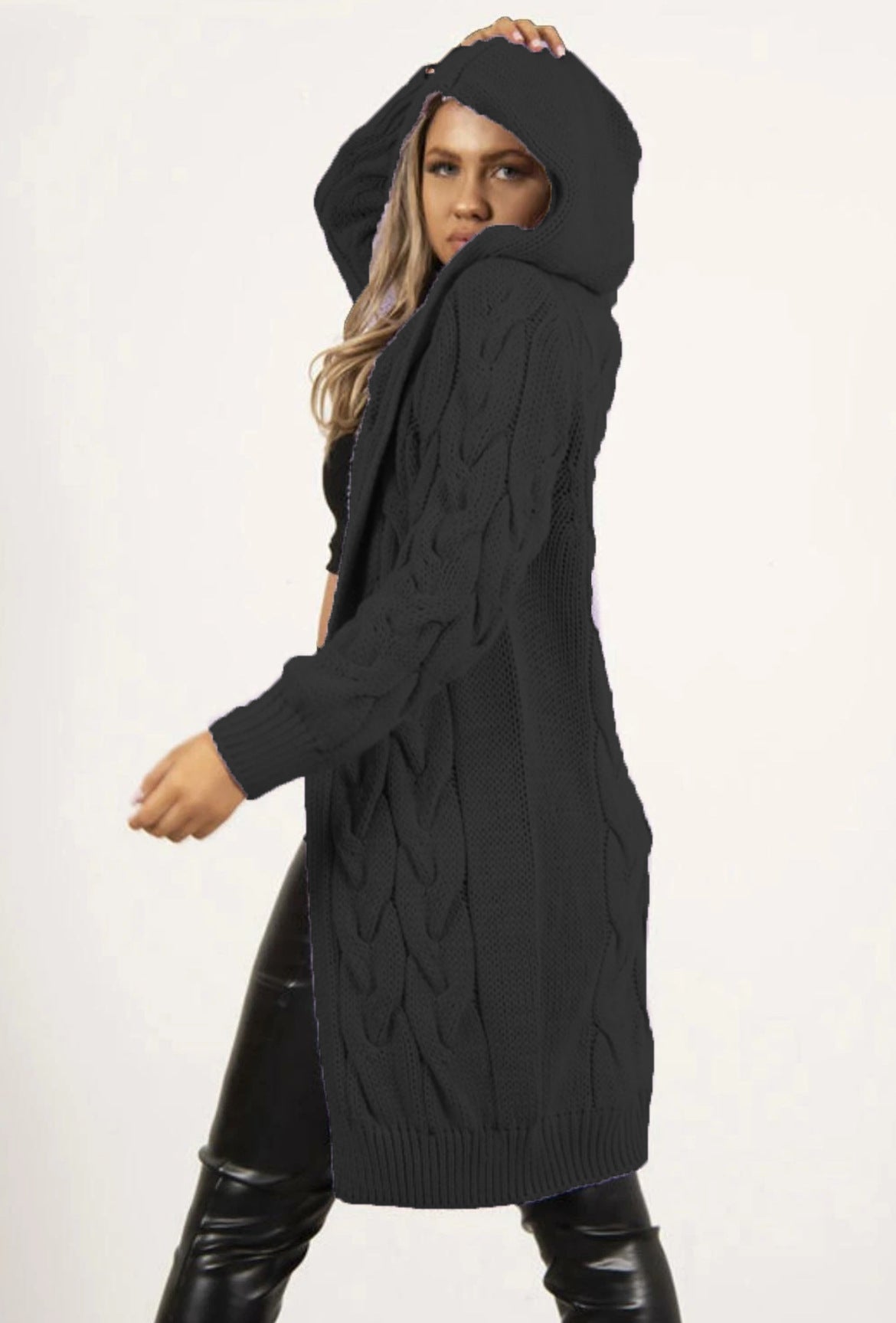 Women's Twist Braid Idle Style Hooded Mid-length Women's Sweater