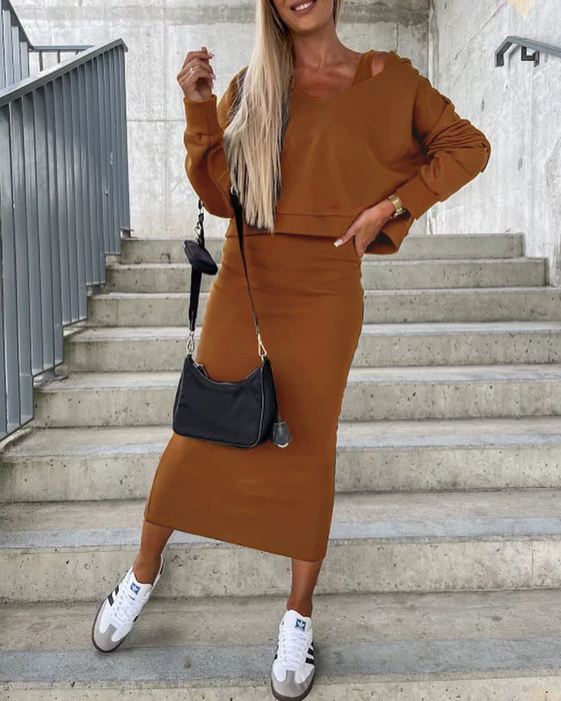 Women's Winter Sleeveless Dress Hooded Hoodie Two-piece Suits