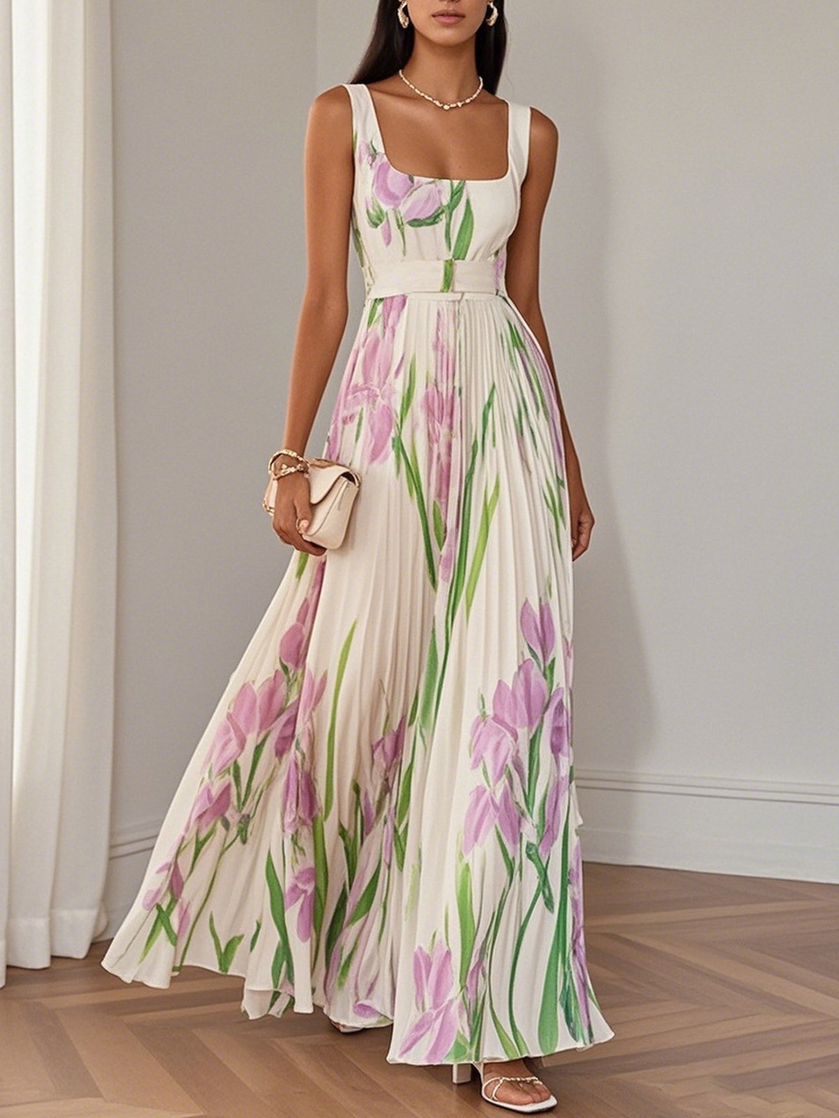 Women's Sling Digital Printing Pleated Floral Maxi Dresses