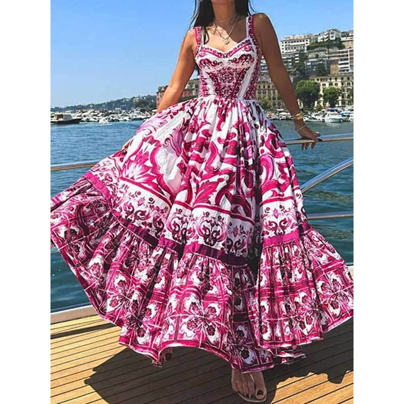 Women's Summer Printed Sleeveless Pleated Waist Tight Mid-length Sling Dress