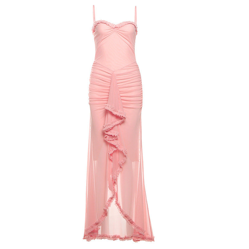 Women's Backless Mesh Suspender Dress Solid Color Dresses