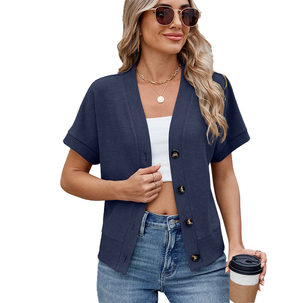 New Waffle Casual Knitted Button Sleeve Women's Sweater