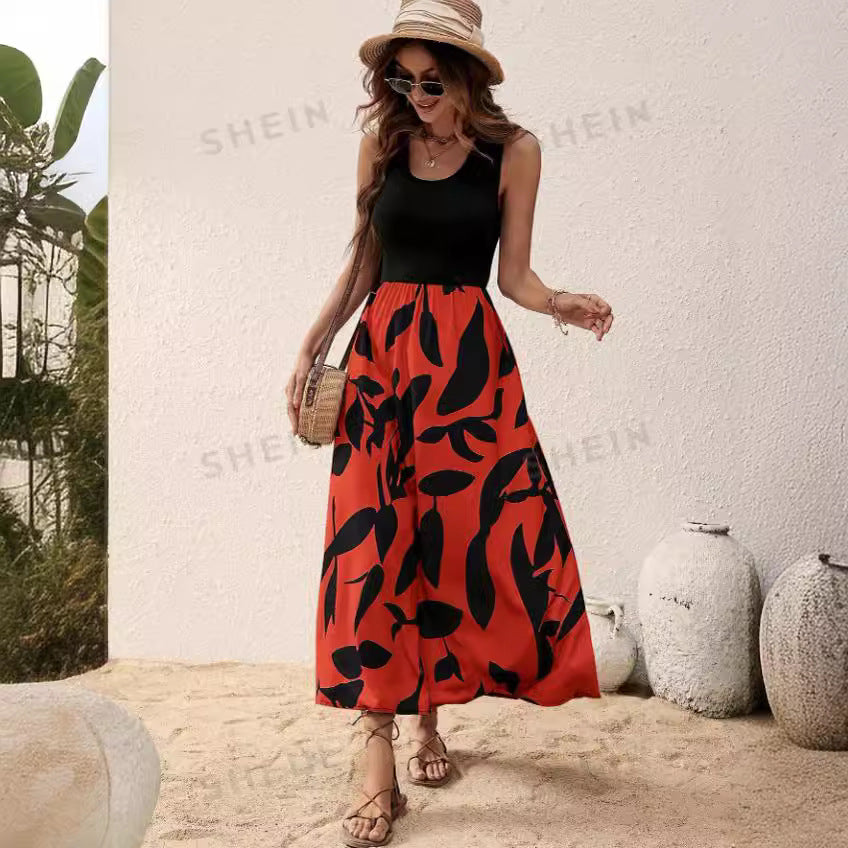 Summer Printed Round Neck Contrast Color Dress