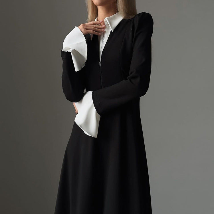 Women's Black White Stitching Fake Two-piece Dress Elegant Dresses