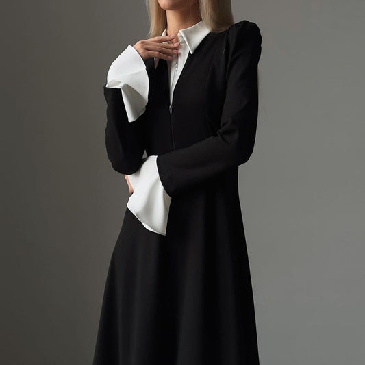 Women's Black White Stitching Fake Two-piece Dress Elegant Dresses