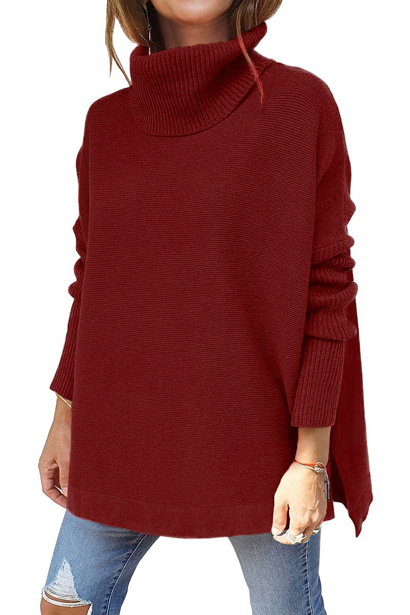 Sleeve Turtleneck Mid-length Batwing Hem Waist Women's Sweater