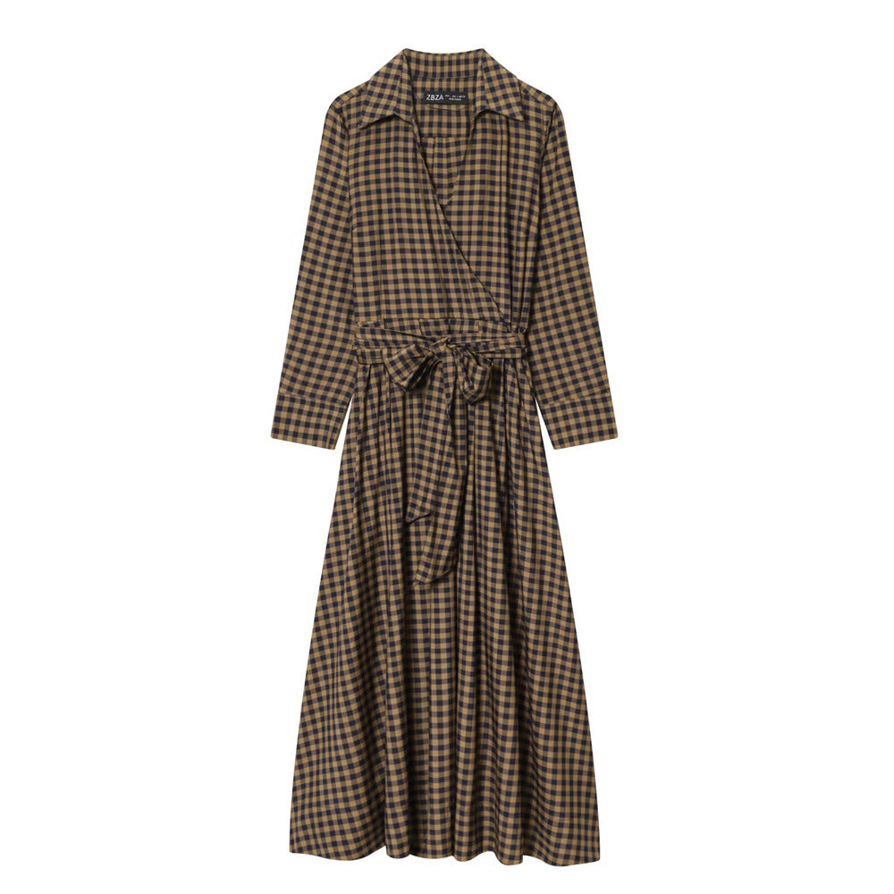 Women's Fashion Polo Collar Long Sleeve Plaid Dresses