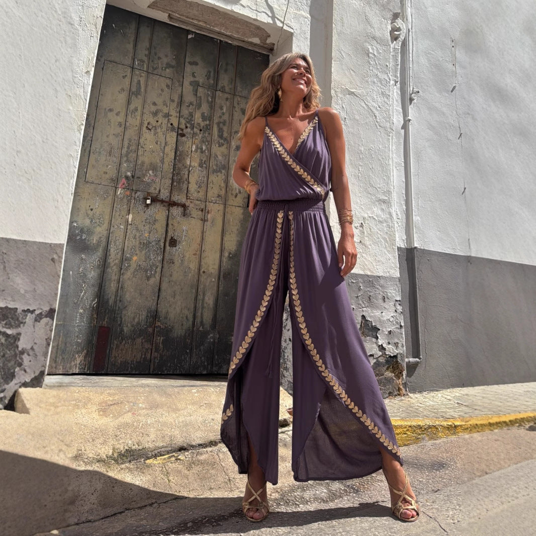 Golden Ribbon Trim Tight Waist Loose Jumpsuits