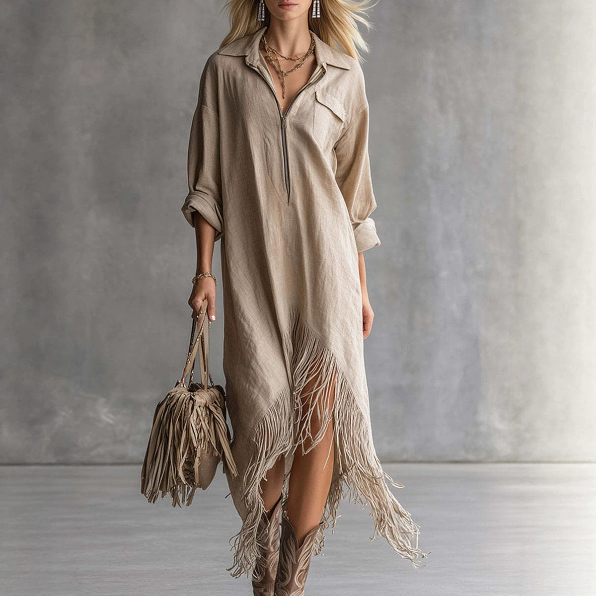 Autumn Elegance Retro Loose Irregular Fringed Dress