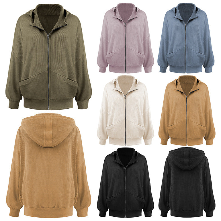 Women's Waffle Zipper Home Wear Outerwear Hoodie Sweaters