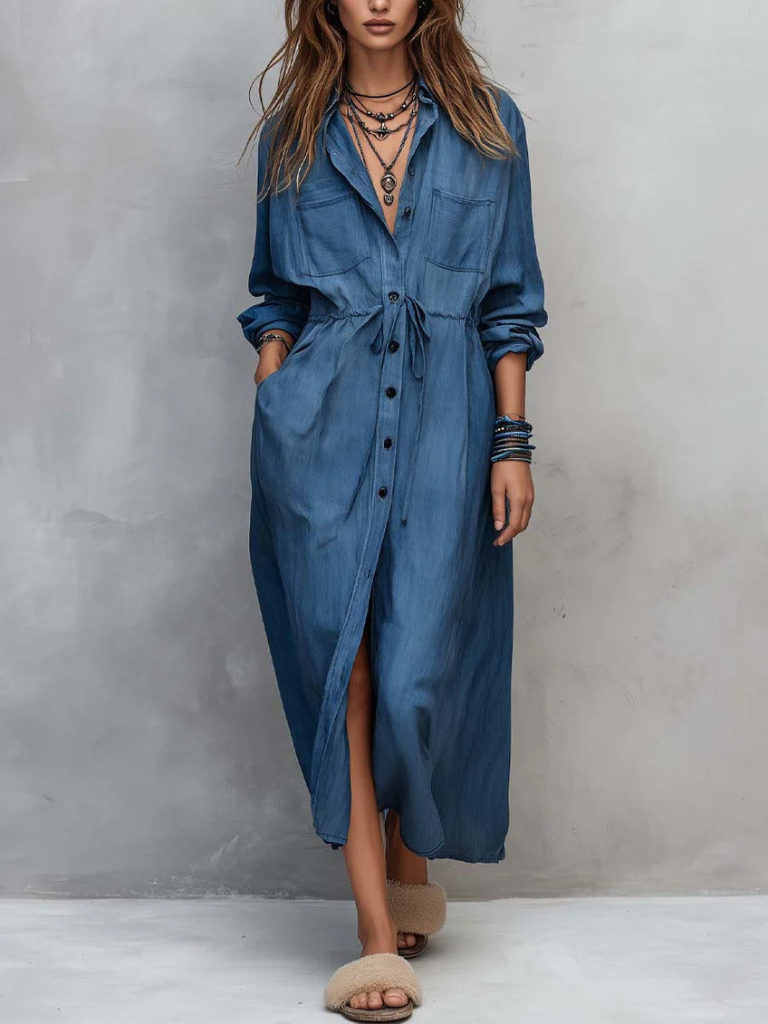 Casual Drawstring Fitted Waist Shirt Loose Dress