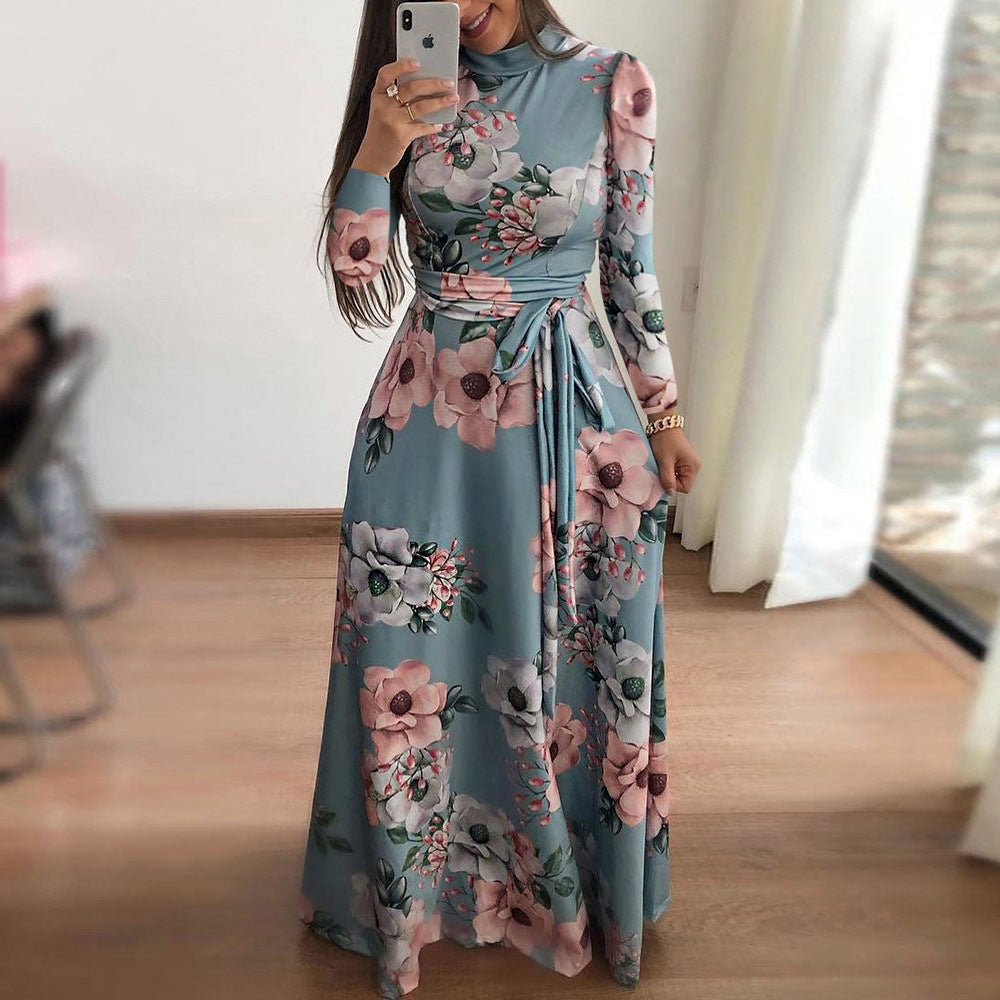 Women's Autumn Flower Print Sleeve Large Swing Dress