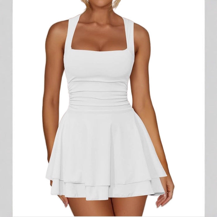 Women's Square Collar Waist Pleated Hem Mini Dress