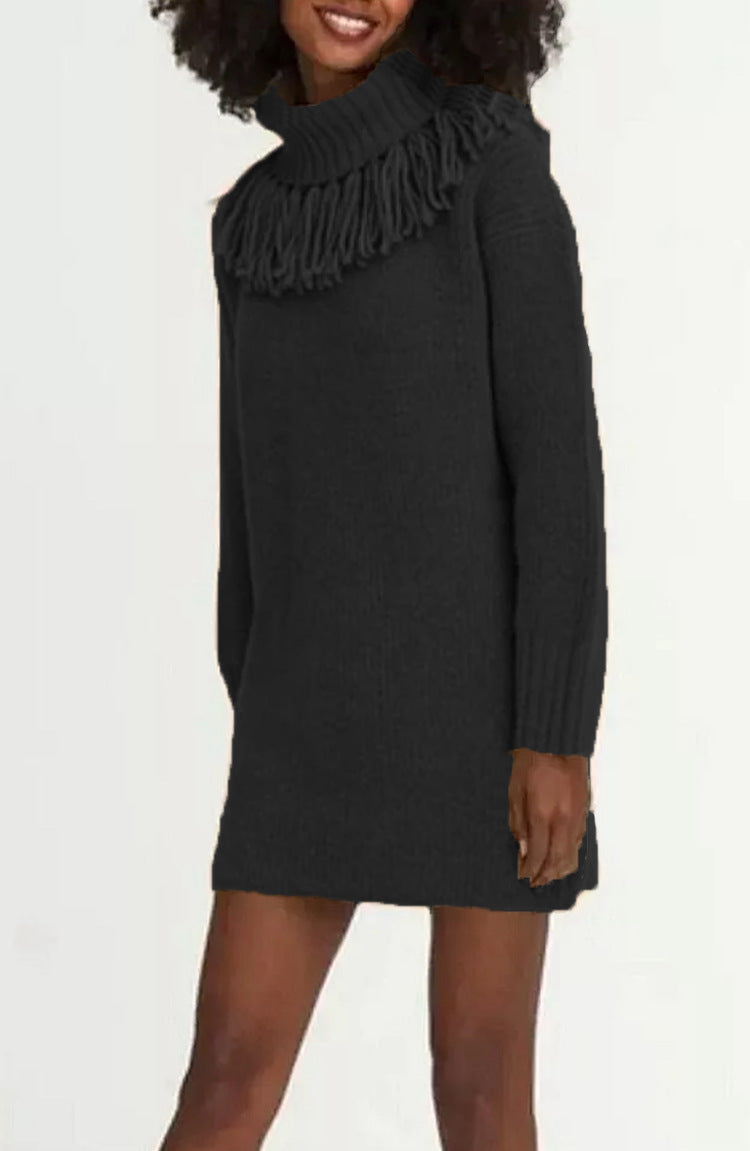 Knitted Tassel Bucket Turtleneck Dress Mid-length Women's Sweater