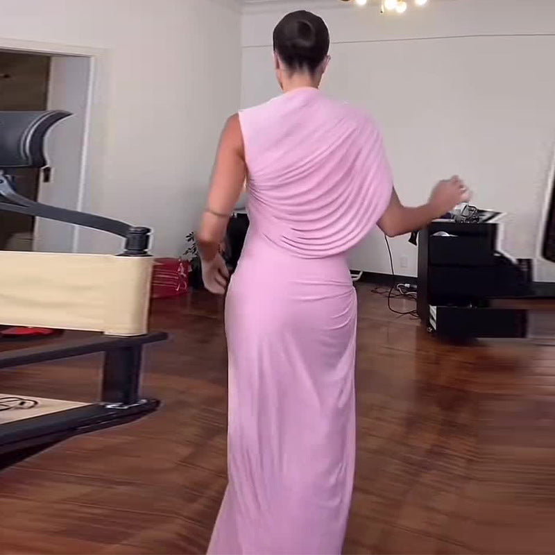 Women's Elegant Pink Stitching Ruffle Long Dress Dresses