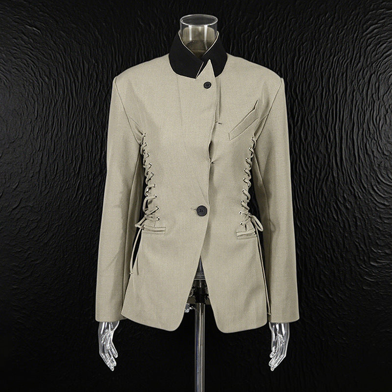 Women's Stand Collar Small Autumn Fashion Tie Waist Slimming Solid Blazers