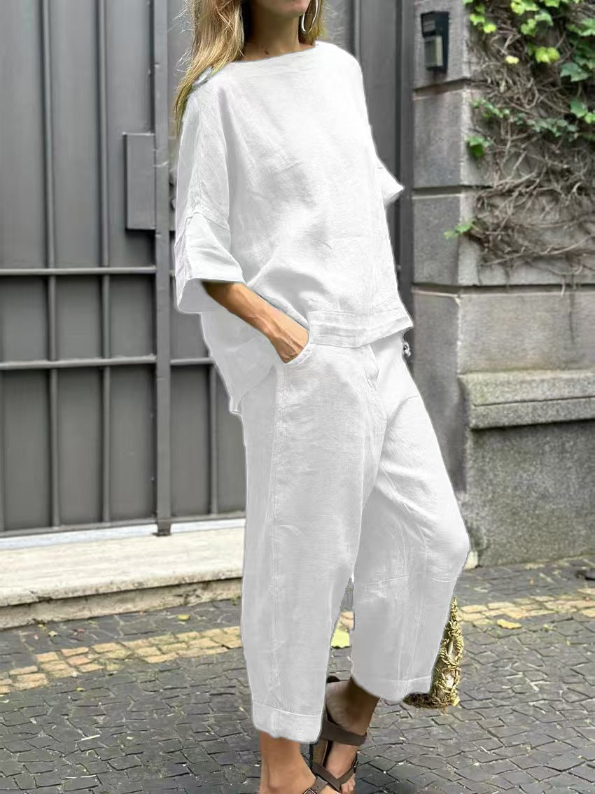 Women's Summer Set Cotton Linen Shirt Outfit High Waist Plus Size