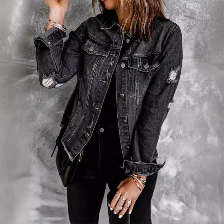 Women's Mid-length Ripped Denim Long-sleeved Shirt Jackets