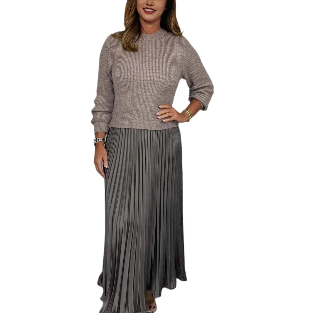 Women's Solid Color Knitted Long-sleeved Pullover Stitching Dresses