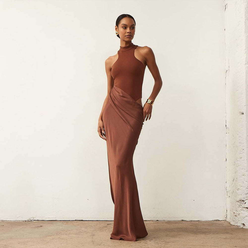 Women's Color High Neck Sexy Sleeveless Hollow Out Stitching Dress