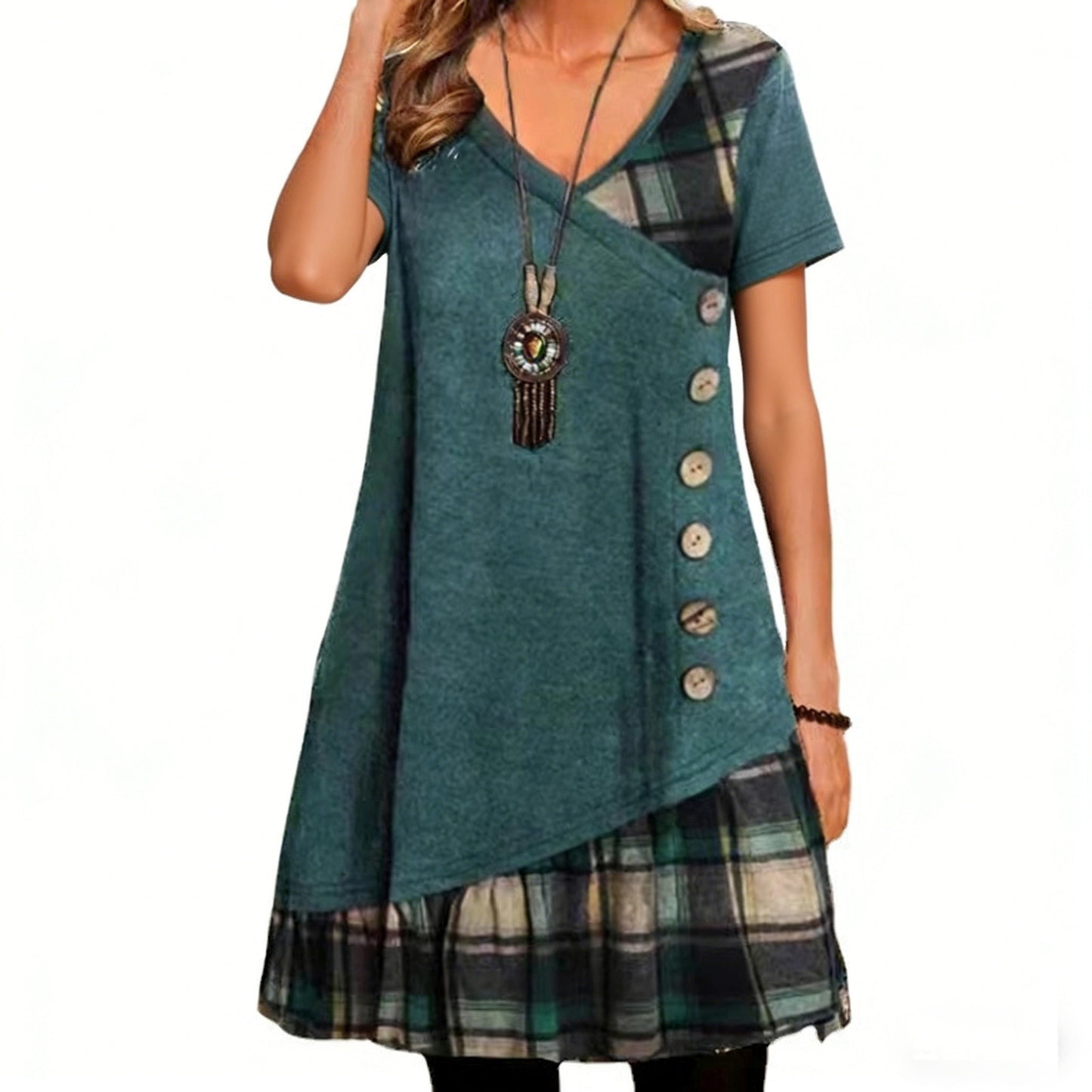 Women's Fashion Casual Patchwork Button Sleeve Dress