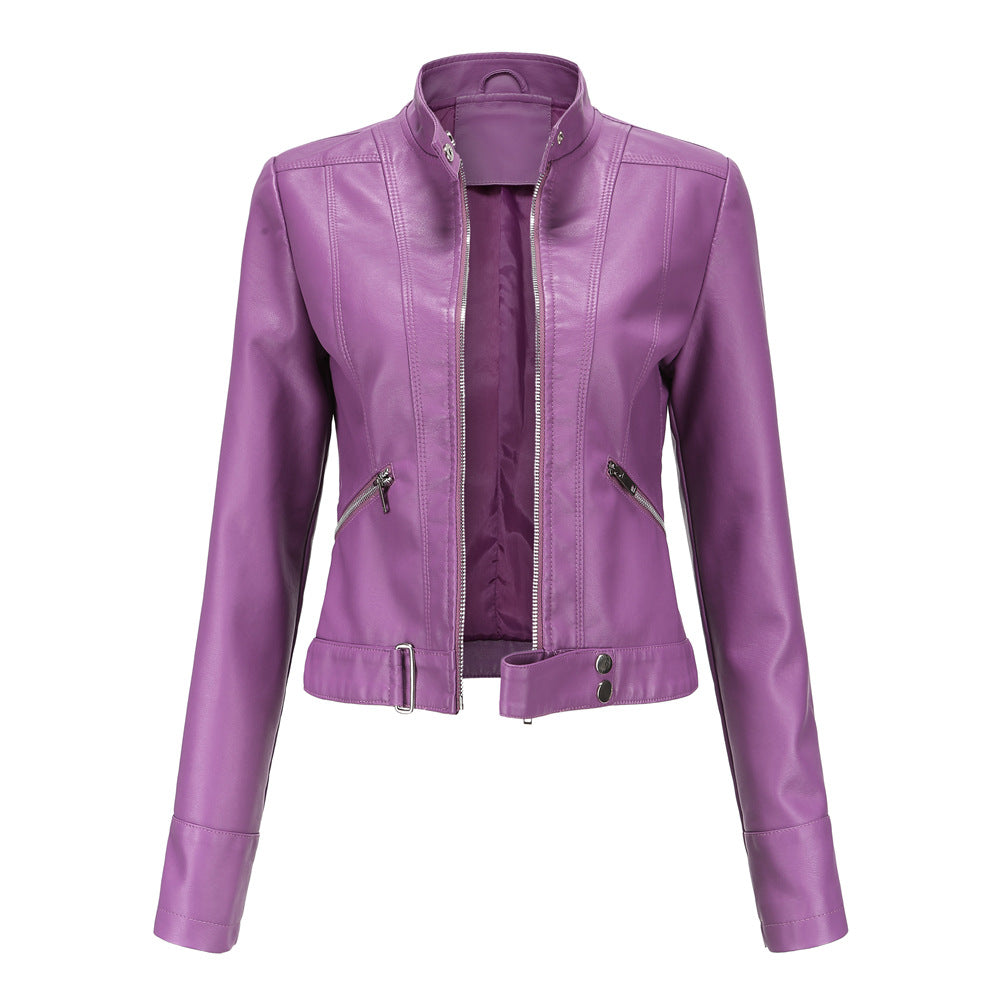 Women's Leather Stand Collar Lady Thin Jackets