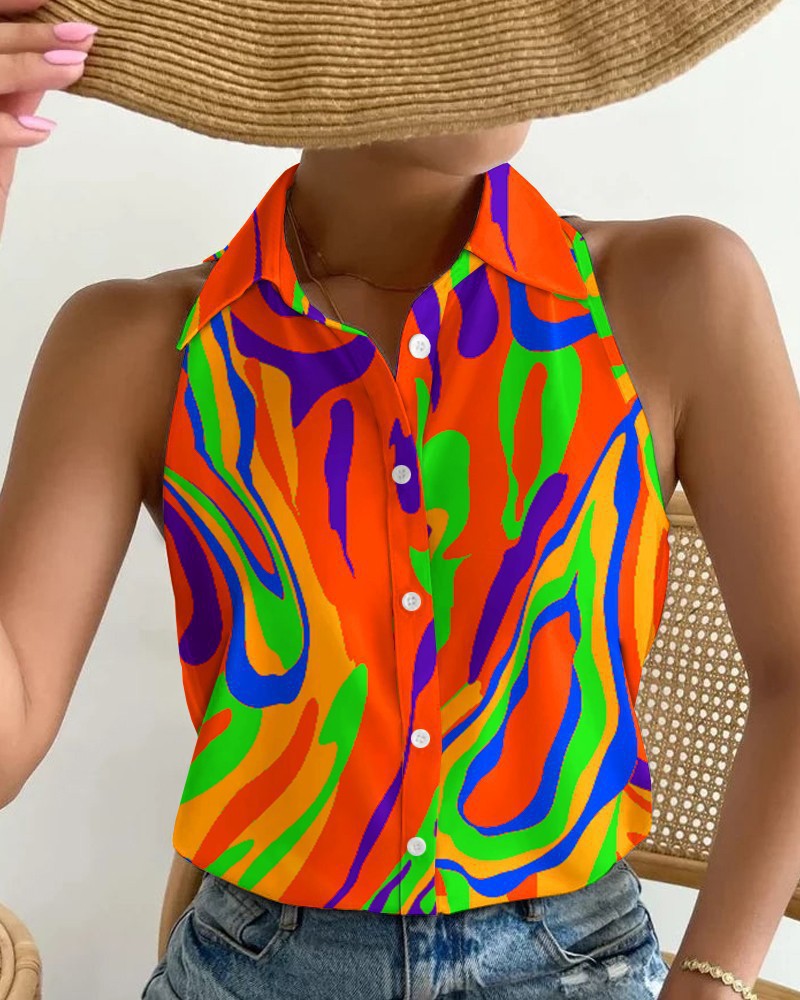 Women's Summer Casual Fashion Sleeveless Printed Shirt Blouses