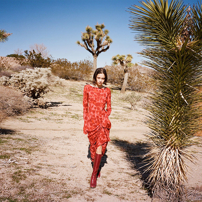 Women's Summer Red Printed Silk Blue Long Sleeve Dress Dresses