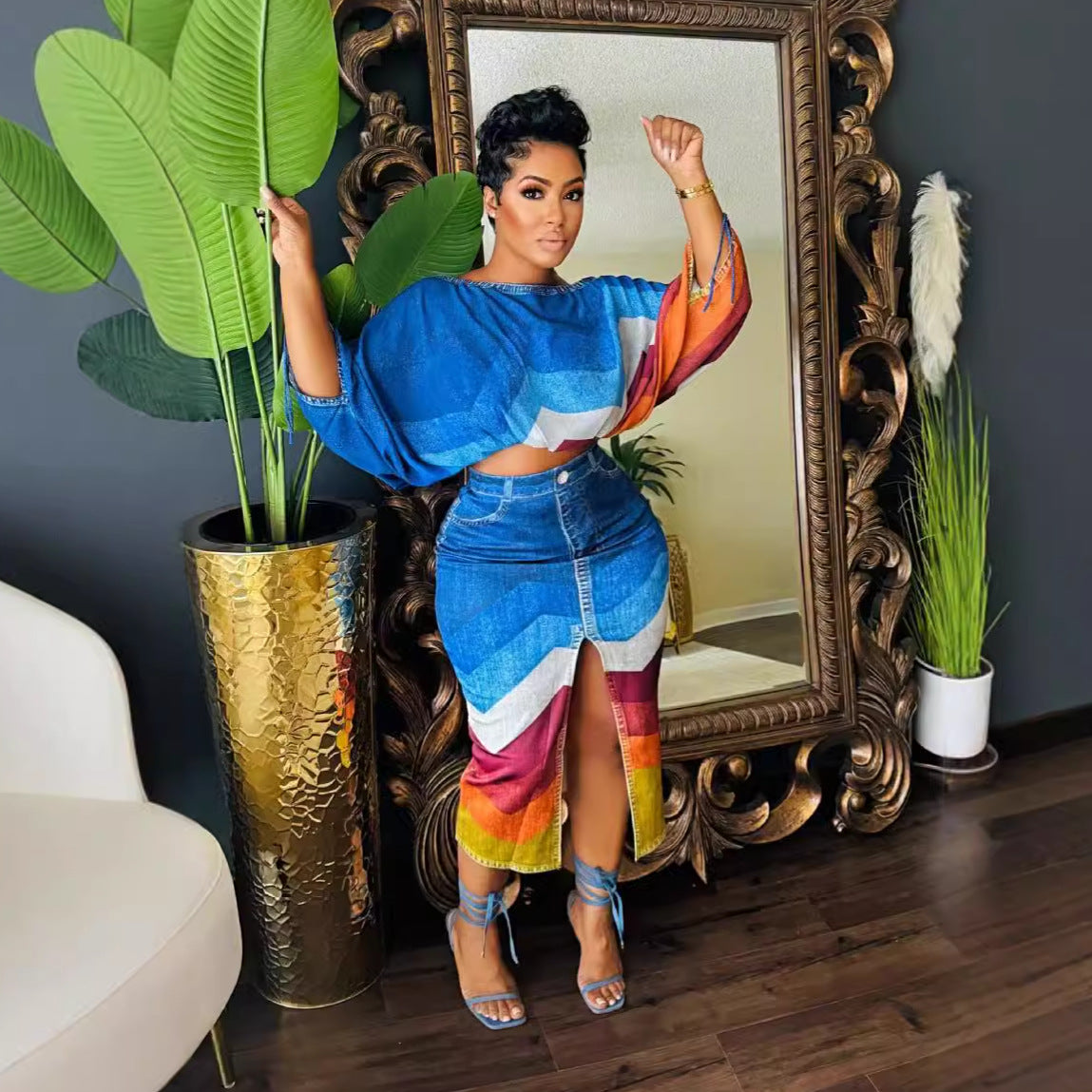 Printed Batwing Sleeve Split Two-piece Set Suits