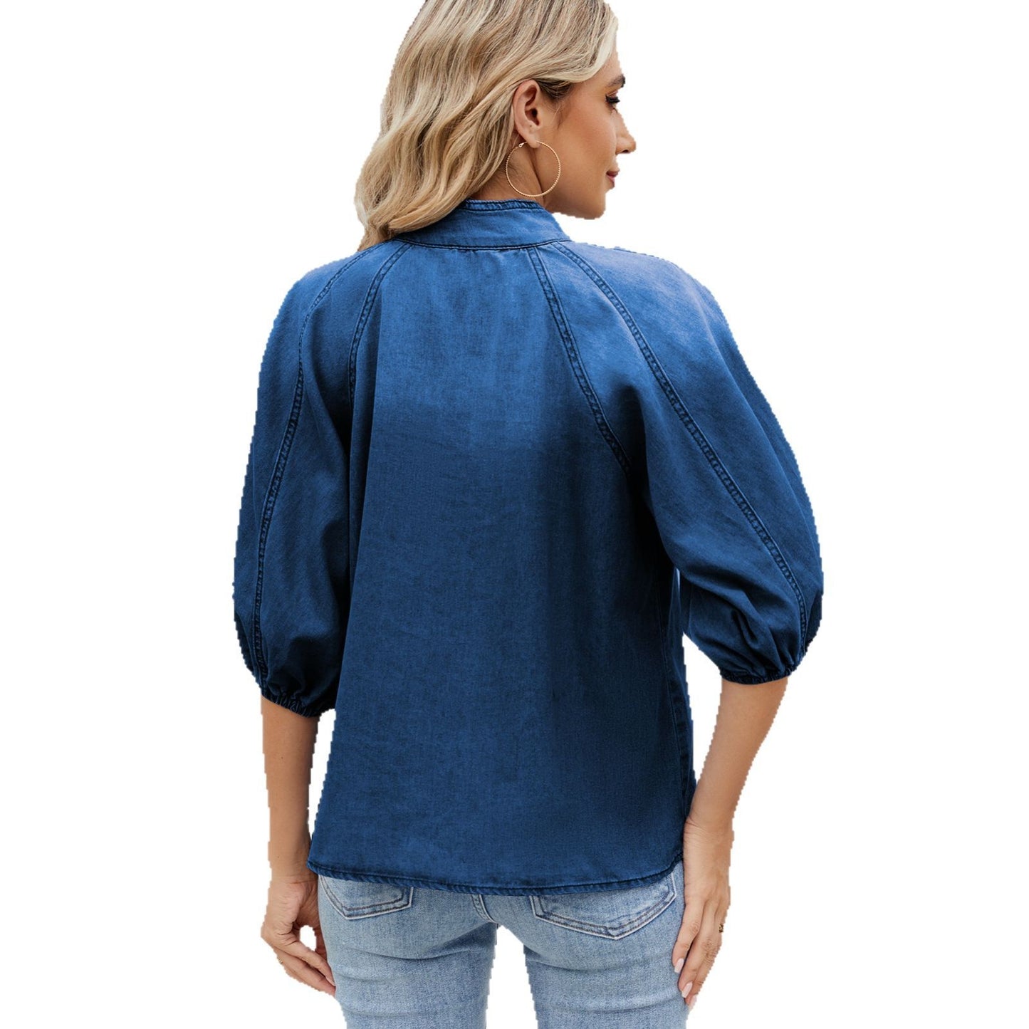 Women's Spring Retro Loose Neckline Denim Shirt Blouses