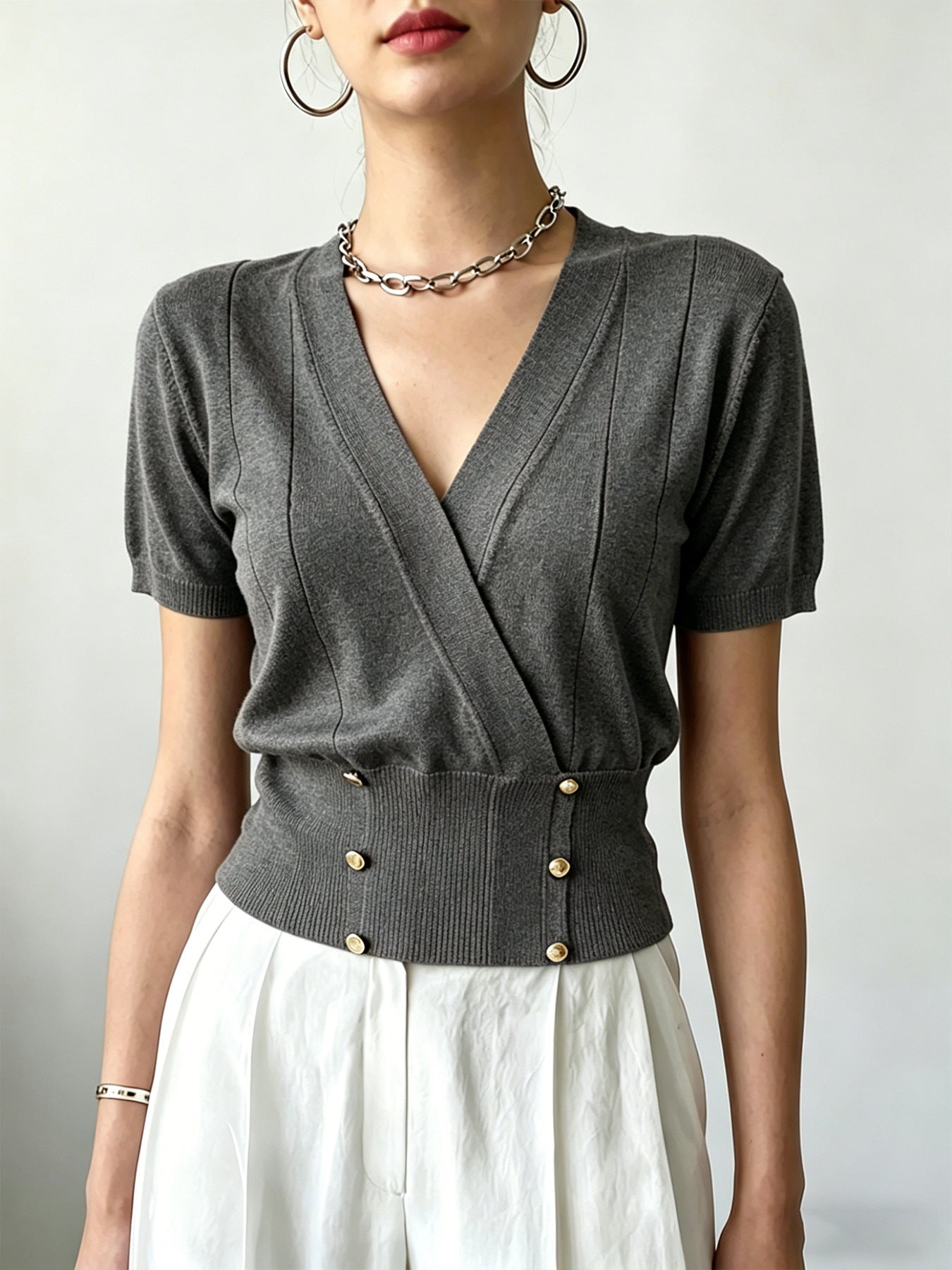 Women's Collar Tight Waist Fake Button Design Women's Sweater