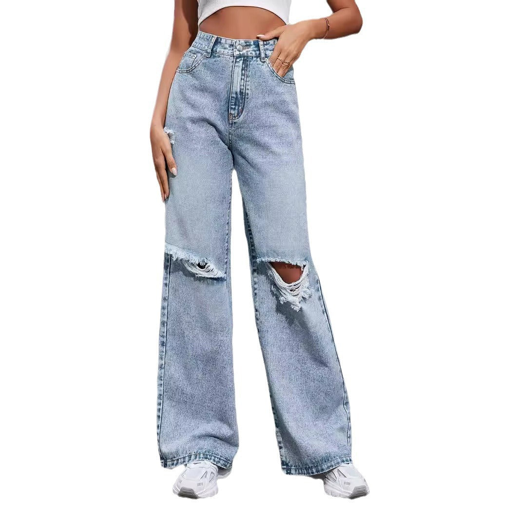 Women's Fashion Holes High Waist Wide Leg Jeans