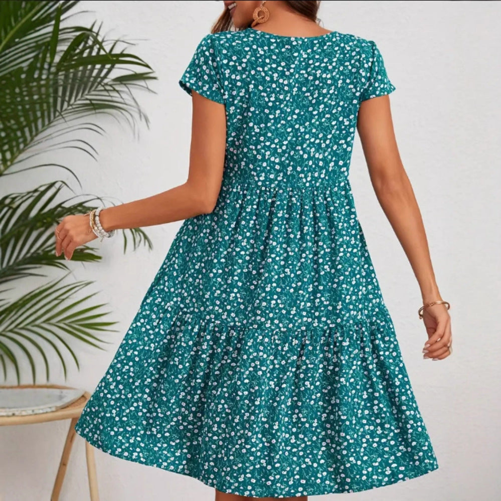 Summer Printed Round Neck Sleeve Casual Dress