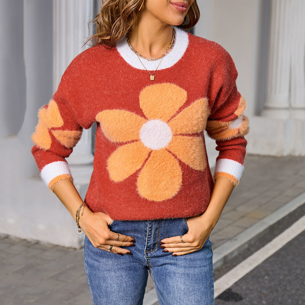Women's Flower Woolen Long Sleeve Round Neck Sweater