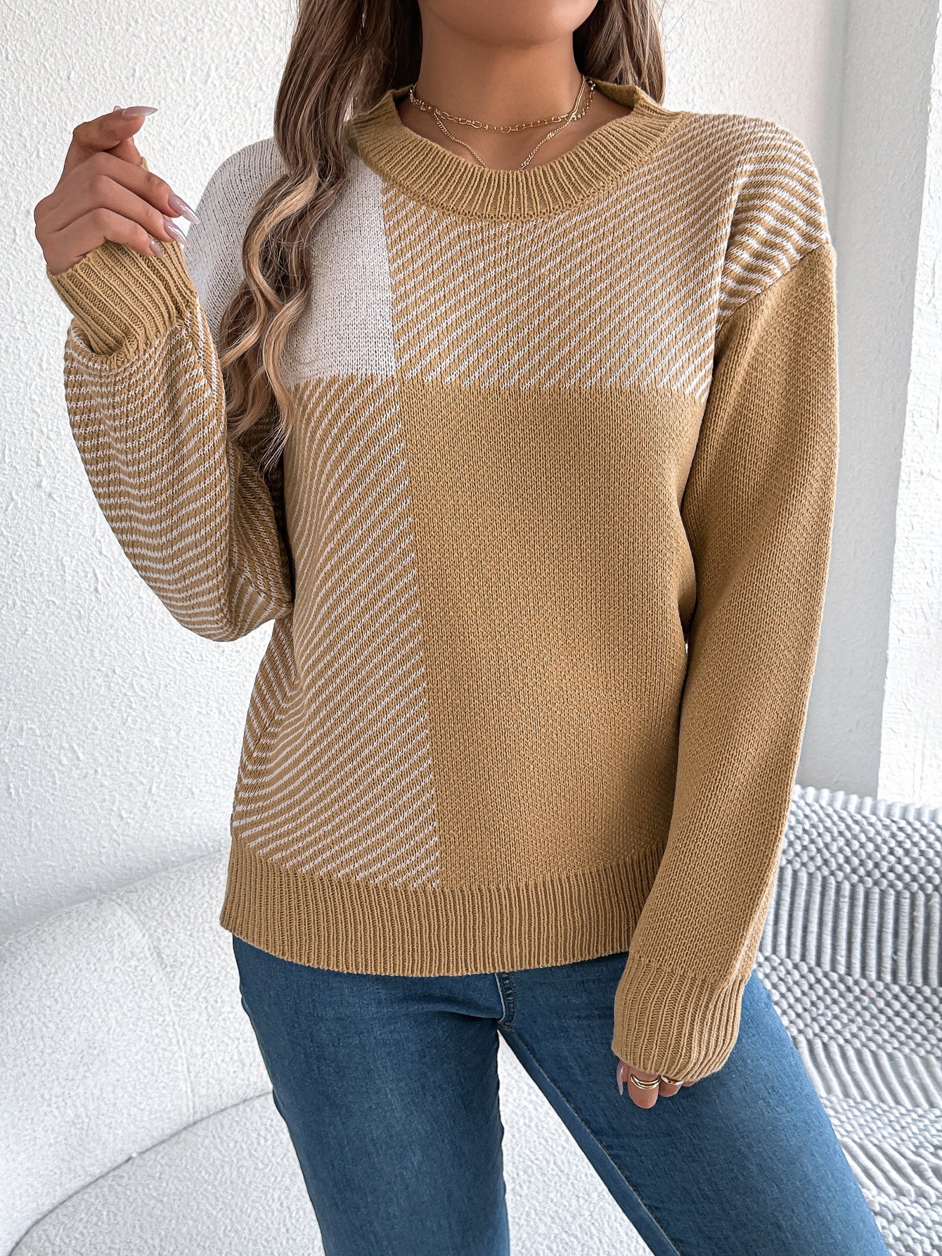 Women's Casual Contrast Color Plaid Long Sleeve Sweater