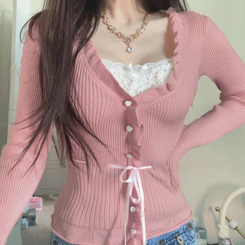 Gentle Sweet Style Lace Stitching Bow Blouses
