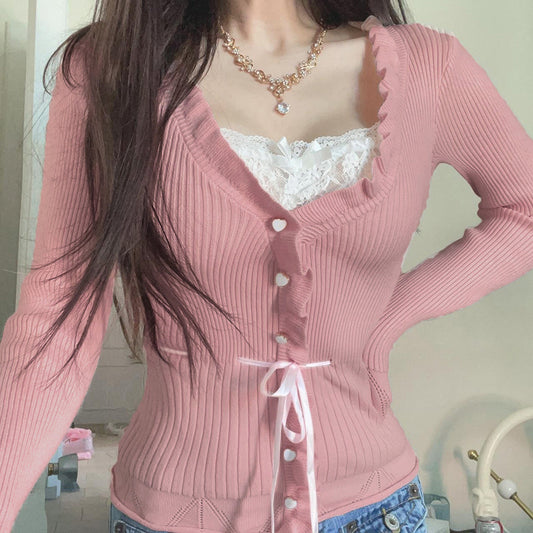 Gentle Sweet Style Lace Stitching Bow Blouses