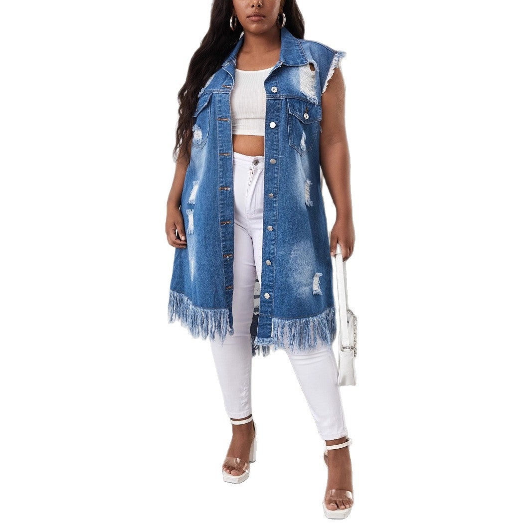 Women's Large Lapel Back Area Ripped Button Vests