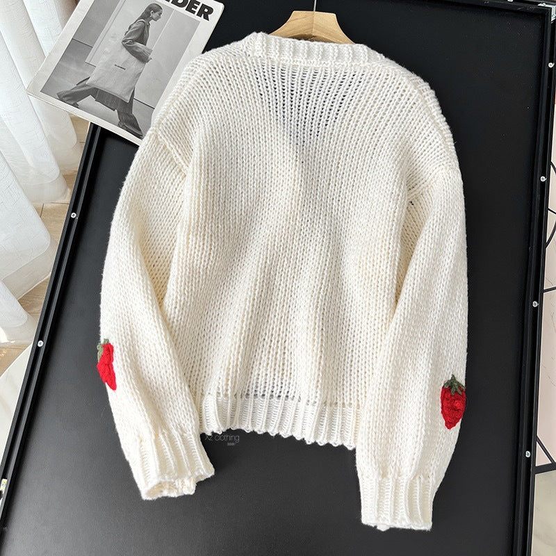 Fashion Three-dimensional Embroidered Strawberry Jacquard Knitted Soft Cardigans
