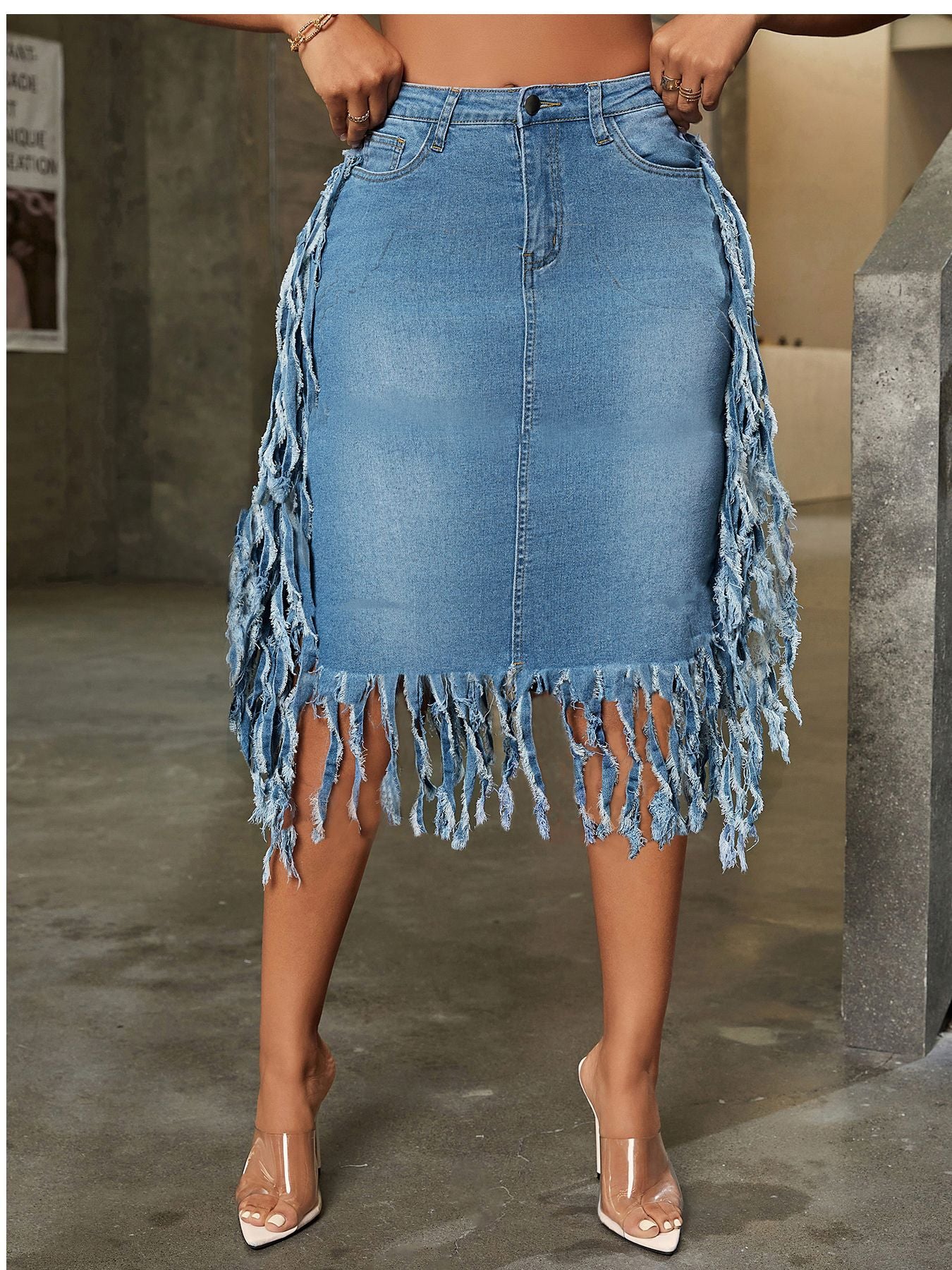 Trendy Sexy Washed Denim Tassel High Skirts