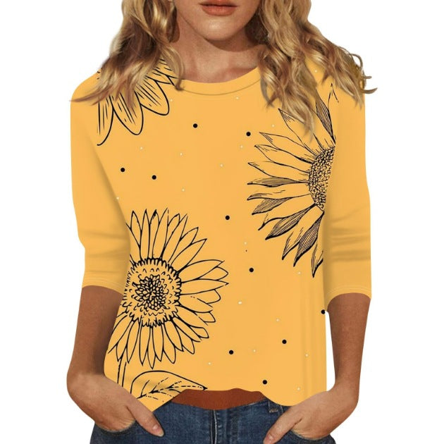 Women's Printed Sleeves Loose Crew Neck Casual Blouses