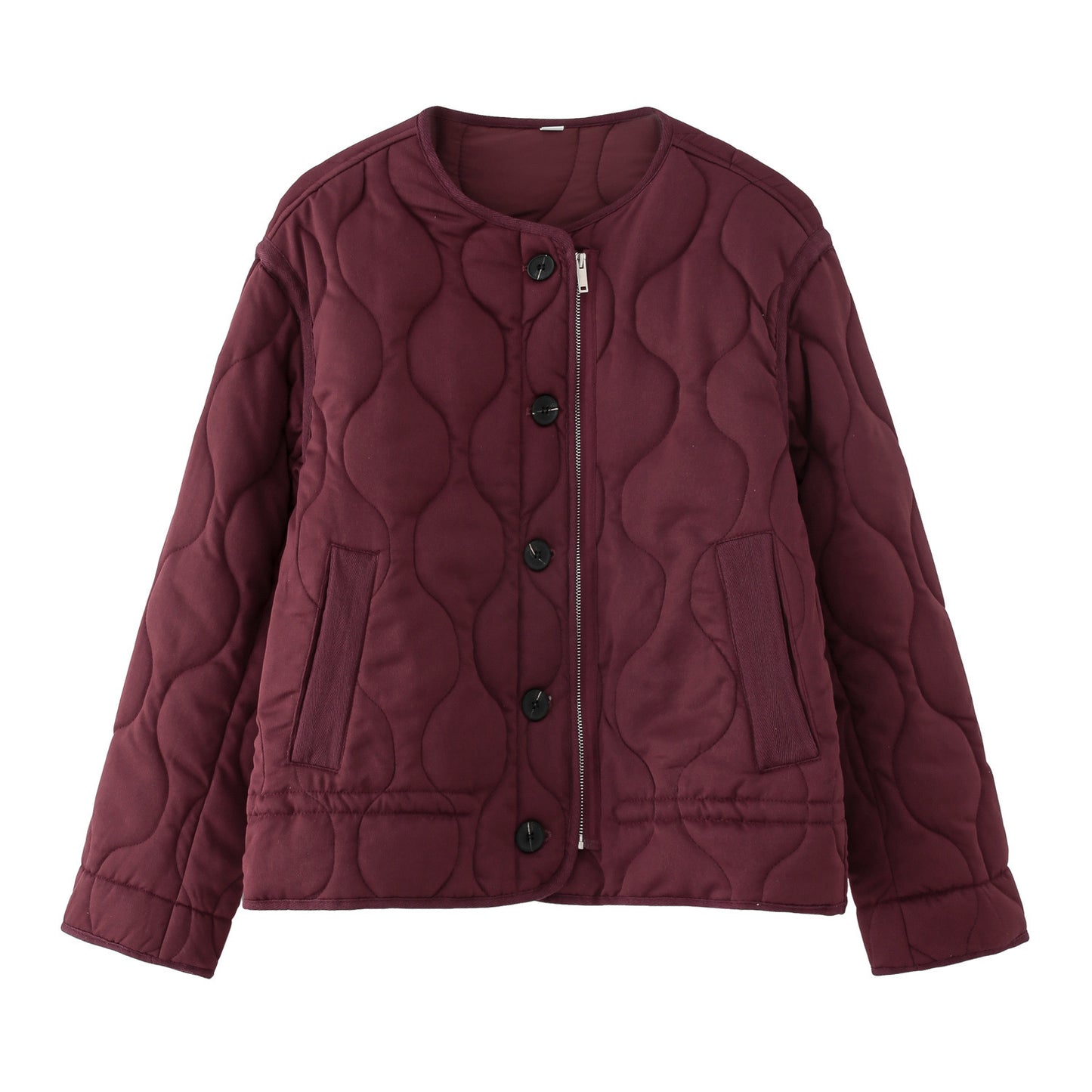 Two-color Drawstring Design Round Neck Quilted Coats