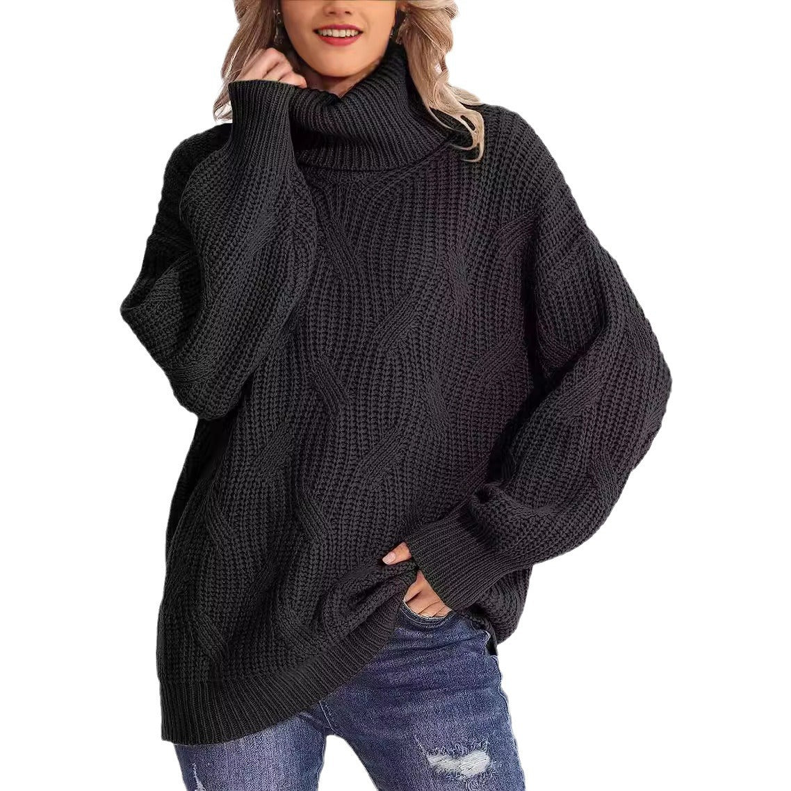 Women's Turtleneck Twisted Knitted Pullover Long Sleeve Sweaters
