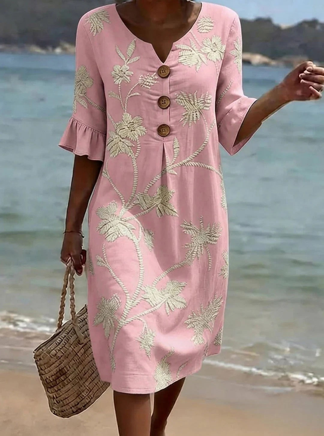 Women's Fashion Wear Buttons Floral Print Casual Cotton Dress