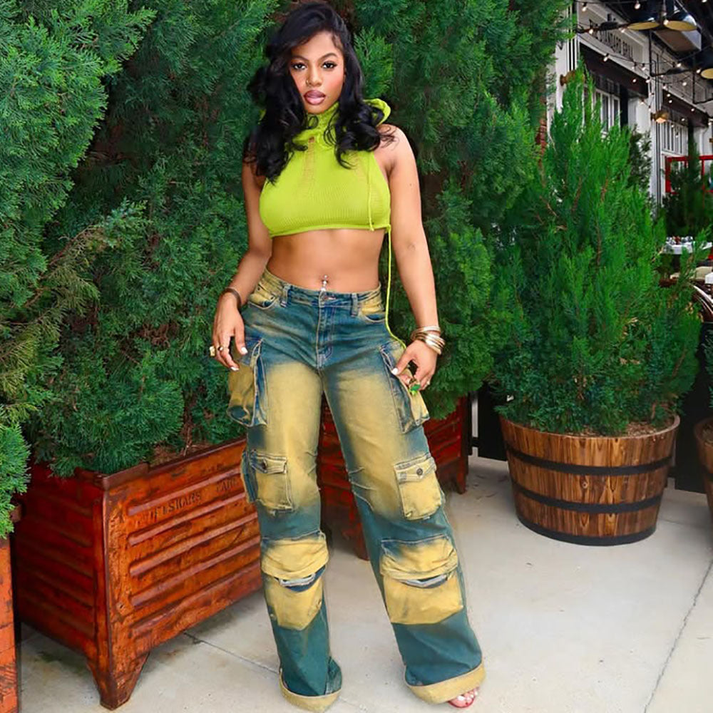 Women's Straight Trendy Unique Hanging Dyed High Jeans