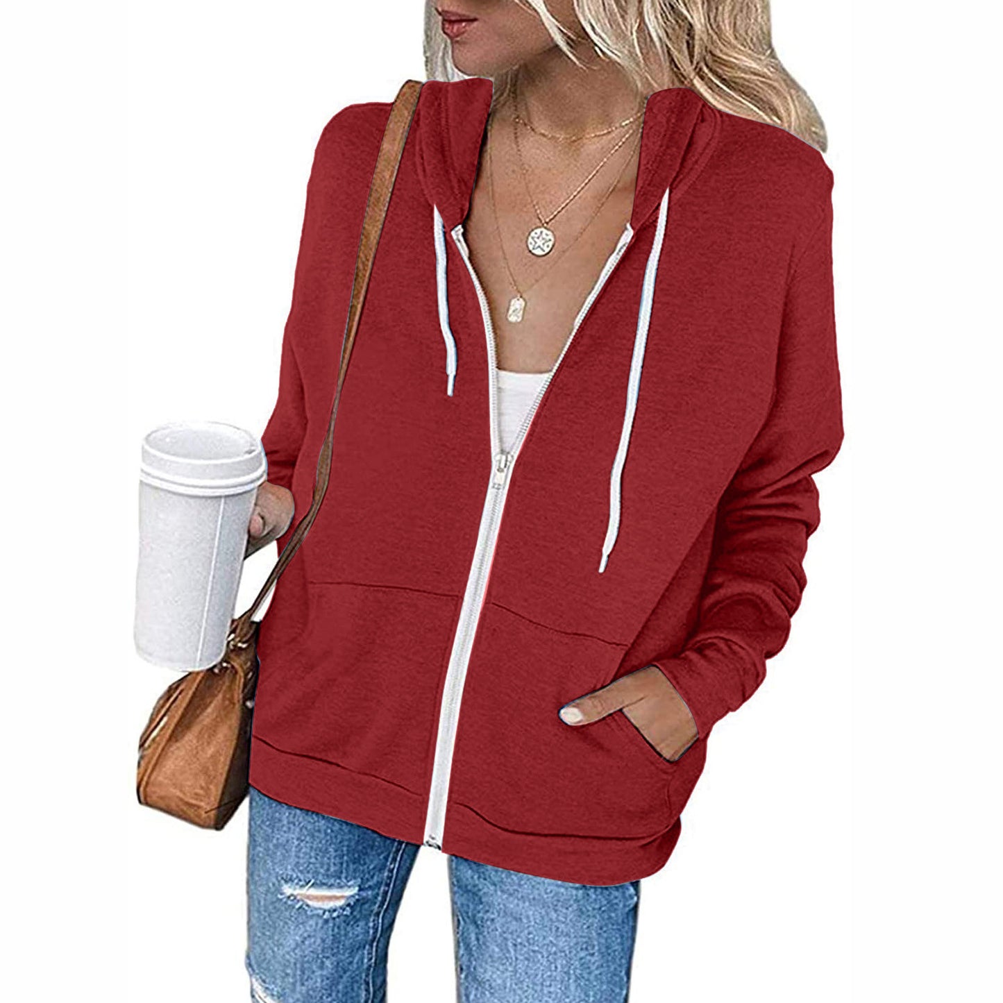 Women's Long-sleeved Hooded Drawstring Pocket Zipper Outerwear Sweaters