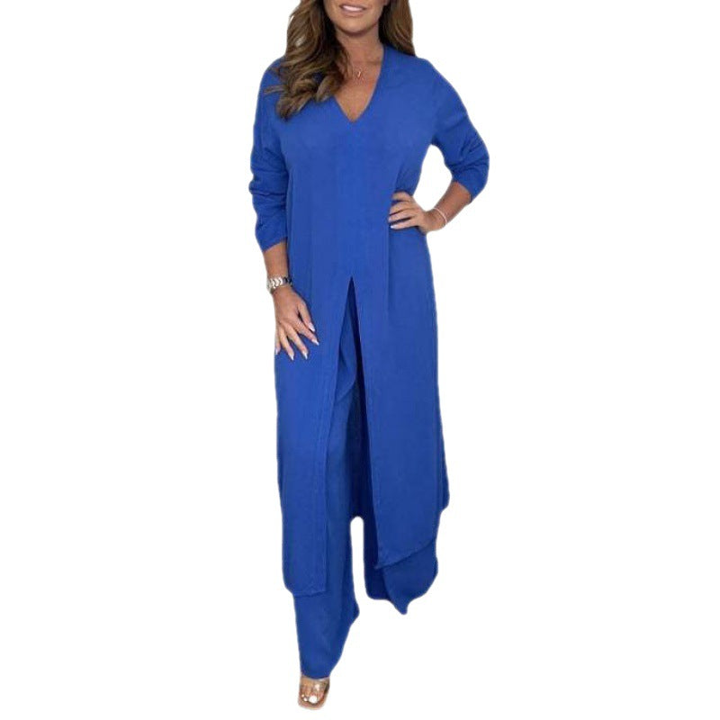 Women's Autumn Pure Color Split Long Shirt Trousers Clothing