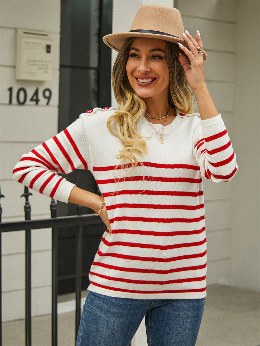 Spring Pullover Patchwork Button Striped Stitching Women's Sweater