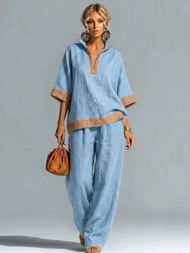 Women's Color Half Zipper Cotton Linen Half-sleeve Fashion Casual Suit