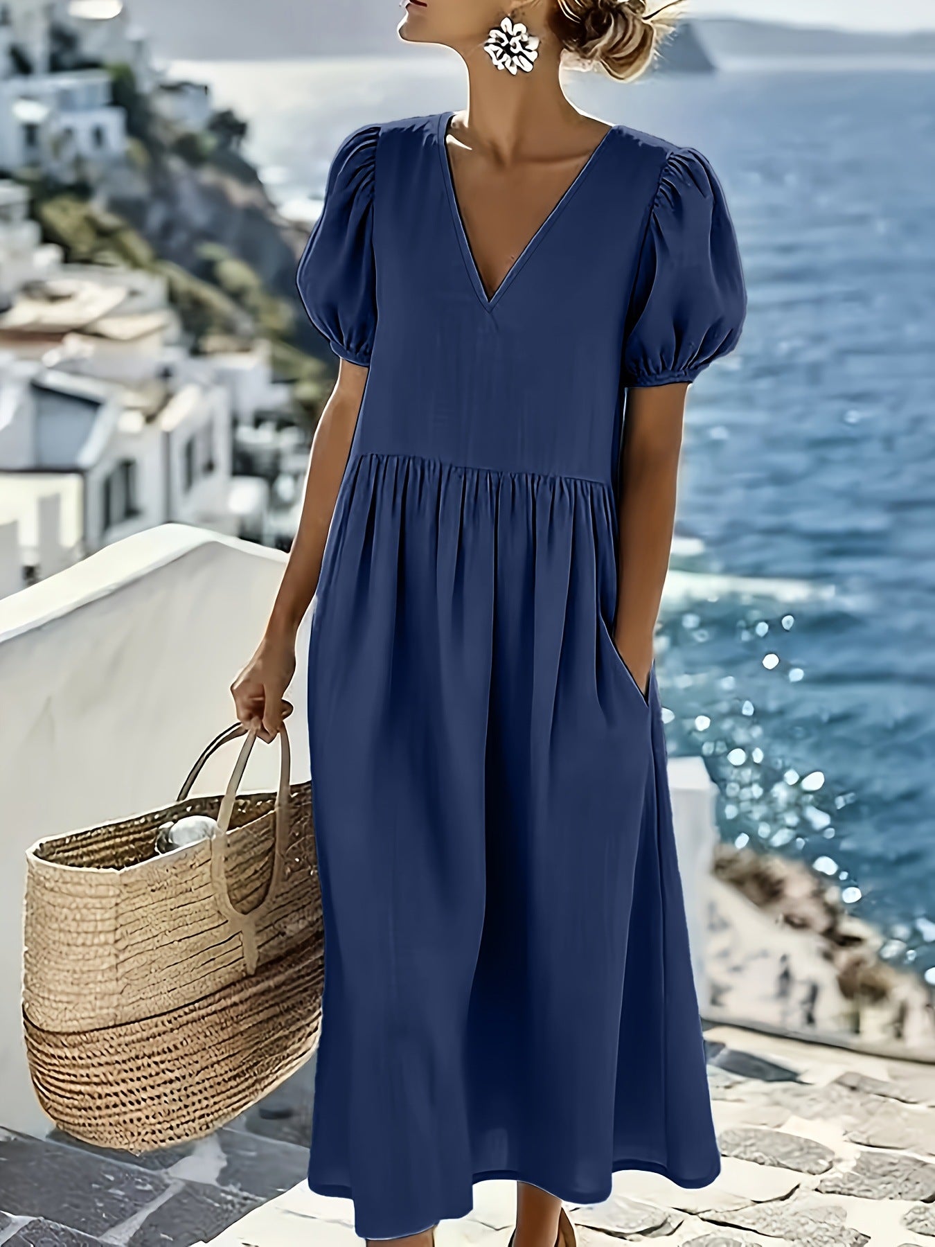 Summer Cotton Linen Casual Sleeve Pocket Pleated Loose Dress